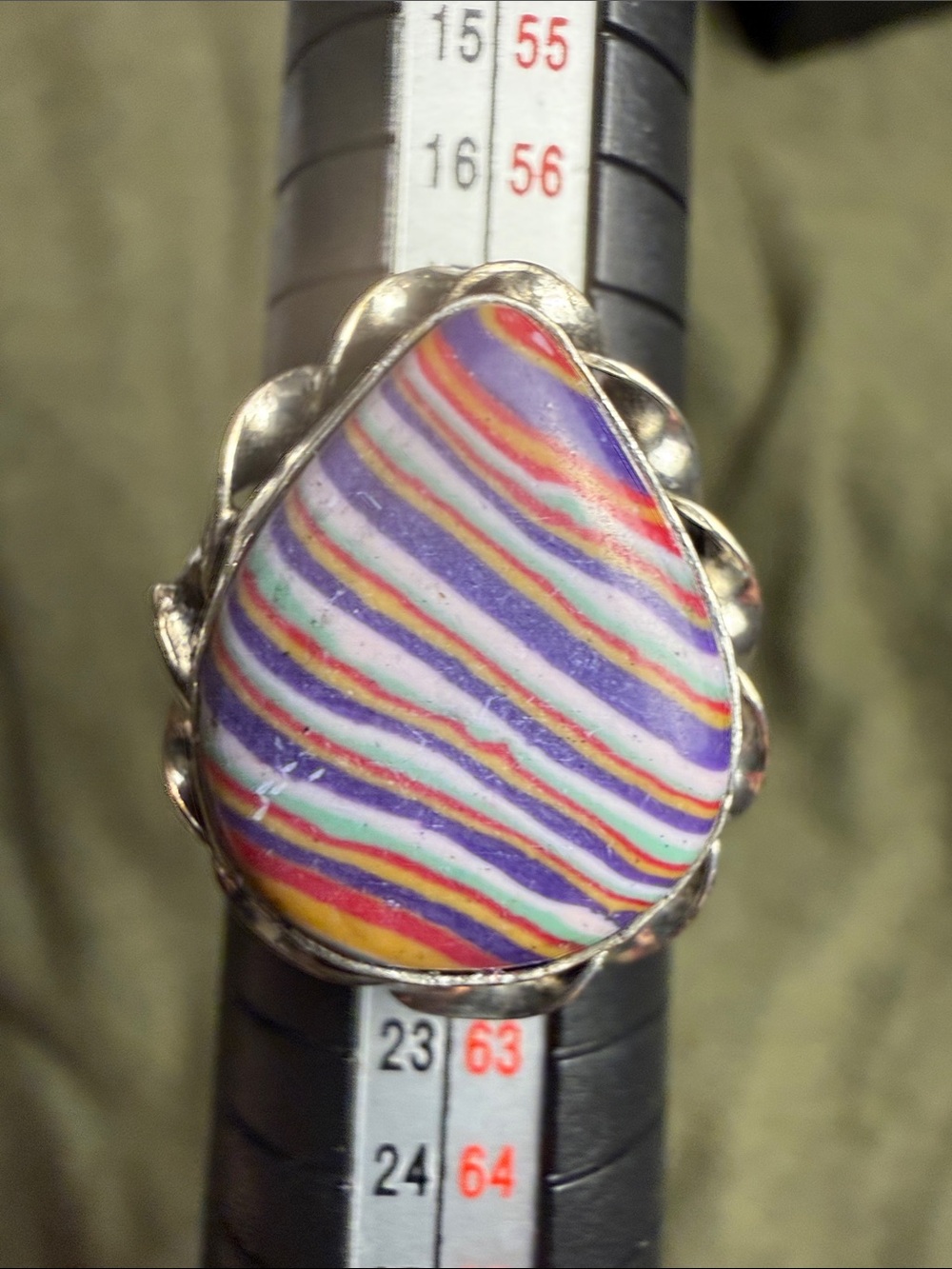 Rainbow Calsilica Teardrop Statement Ring - size 9.25